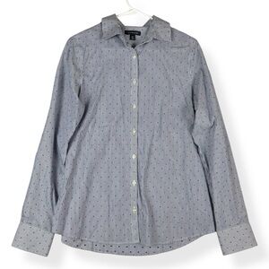 Lands End Button Down Shirt Womens 8T No Iron Supima Blue White Stripe Swiss Dot